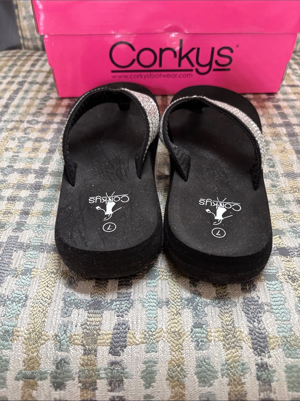 Corkys Black Flip Flop Sandals with Silver Woven Straps - Picture 4 of 5